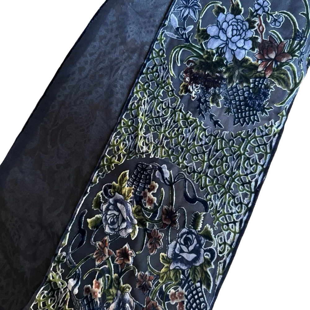 Cejon Dark Floral Velvet Silk Whimsigoth Burnout Fairy Romantic Scarf 7.5x56